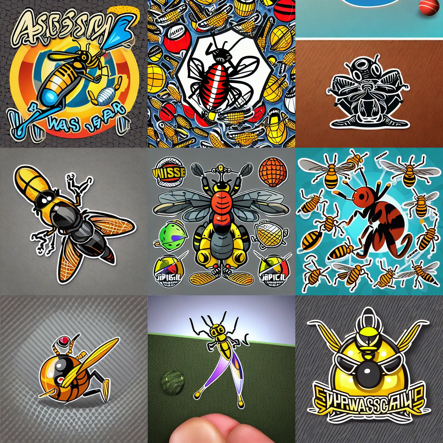 Prompt: “ aggressive wasp stinging a cricket ball, full body mascot, sticker, highly detailed, colorful, illustration, smooth and clean vector curves, no jagged lines, low noise, vector art, logo ”