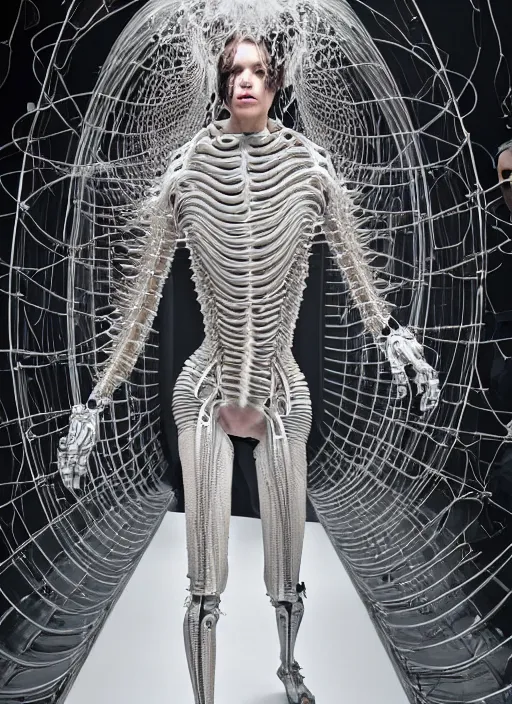 Image similar to walking down the catwalk, steven klein, show, stage, vogue photo, podium, fashion show photo, historical baroque dress, iris van herpen, beautiful woman, full body shot, masterpiece, inflateble shapes, alien, plant predator, guyver, jellyfish, wires, veins, white biomechanical details, wearing epic bionic cyborg implants, highly detailed