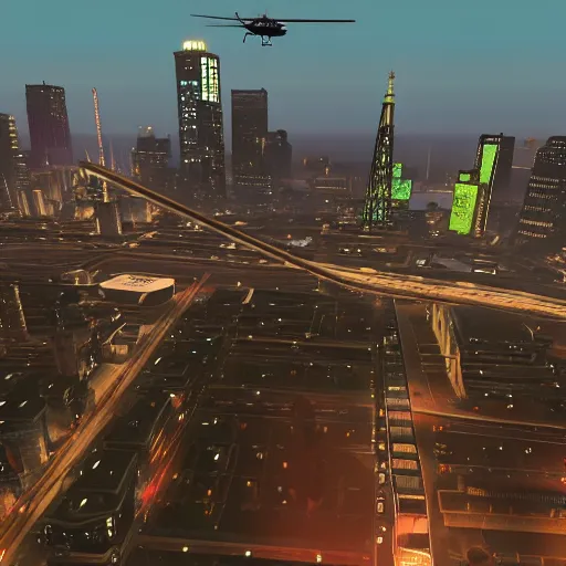 Prompt: Helicopter above a night city in GTA 5, cover art by Stephen Bliss, boxart, loading screen