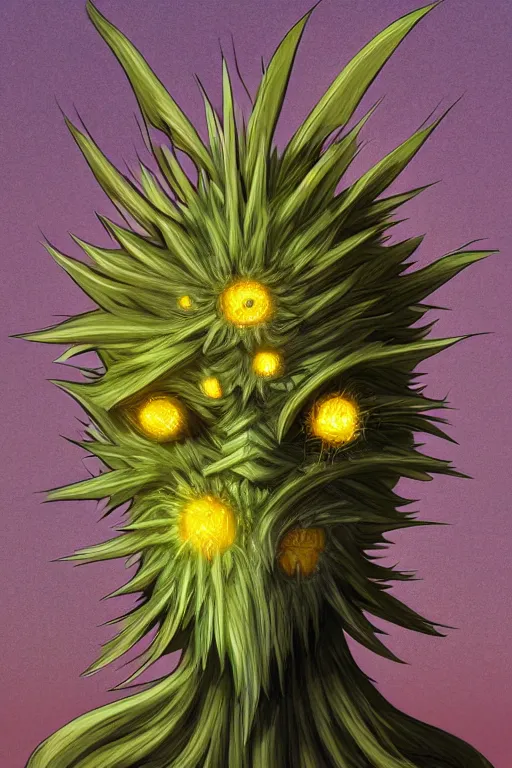 Image similar to a humanoid figure thistle dandelion monster with eyes, radiation glow, highly detailed, digital art, sharp focus, trending on art station, artichoke, anime art style