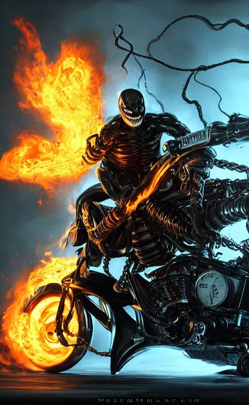 Image similar to venom as ghost rider on a motorcycle, dynamic lighting, photorealistic fantasy concept art, trending on art station, stunning visuals, terrifying, creative, cinematic