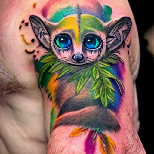 Prompt: shoulder tattoo of a multicolored trippy furry cute bushbaby, eyes are colorful spirals, surrounded with colorful marihuana leaves, insanely integrate