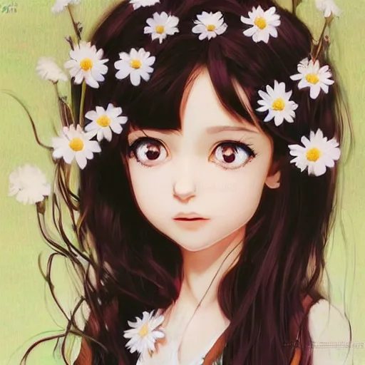 Prompt: little brazilian girl with flowers in hair wearing an white dress. art by ilya kuvshinov, profile picture, inspired in hirohiko araki, realistic, highly detailed, 8 0 s anime art style, vogue cover