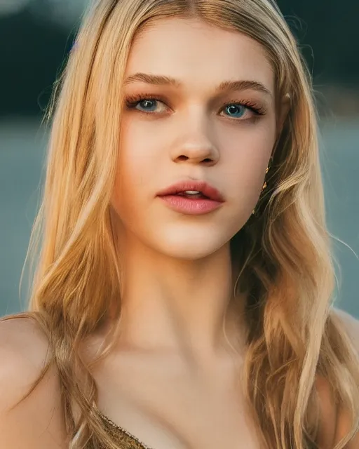 Image similar to Beautiful Head and shoulders portrait of smiling flirty Nicola Peltz with straight long blonde hair, wearing a camisole by alberto Vargas, arney freytag, artstation, 35mm, fashion photoshoot, posing on the beach, golden hour, bokeh, rim lighting, fashion pose, octane, 4k