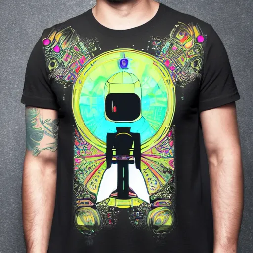 Image similar to mockup of a black tshirt with a hyperdetailed portrait of a spaced out steam punk robot, 8 k, symetrical, flourescent colors, multicolored,