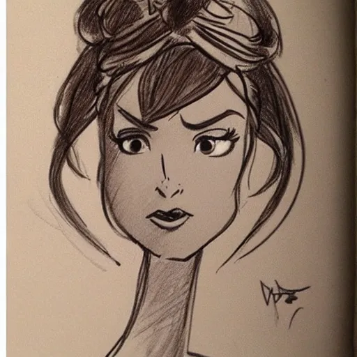 Image similar to milt kahl sketch of vanessa hudgeons with done up hair, tendrils covering face and ponytail as princess padme from star wars episode 3