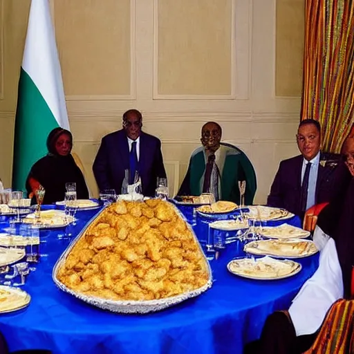 Image similar to president muhammadu buhari sitted at a lavish banquet with a large bastion of chicken minimalist solid background in the style of edward hooper and henri matisse oil painting