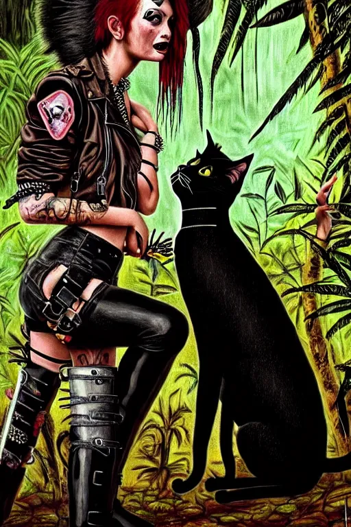 Prompt: punk rock girls kissing and making selfie with black cats in jungle , 1980 style, mad max jacket, post apocalyptic, Cyberpunk, renaissance, Gothic, mystic, highly detailed, digital painting, 4k, oil painting by Leonardo Da Vinci, hyper realistic style, fantasy by Olga Fedorova