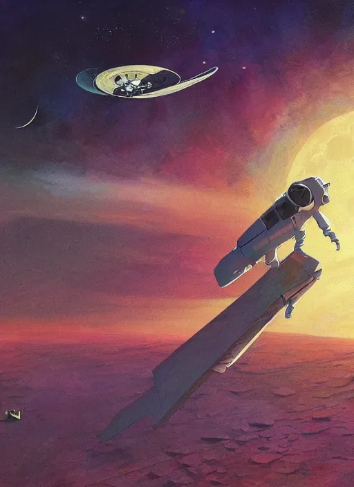 Prompt: a large spacecraft hovering over the moon in the style of Peter Andrew Jones, Ron Cobb, Edward Hopper, Picasso masterpiece, complimentary colors, James Gilleard, surrealism, airbrush, Ilya Kuvshinov, WLOP, Stanley Artgerm, very coherent