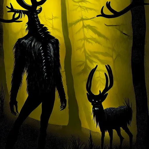 Prompt: Emma Rios and Steve Niles comic, Wendigo monster with deer skull face, antlers, furry brown body, tall and lanky skinny, walking through the forest, very dark night time, deep black, ominous lighting, spooky, scary, foggy, fog