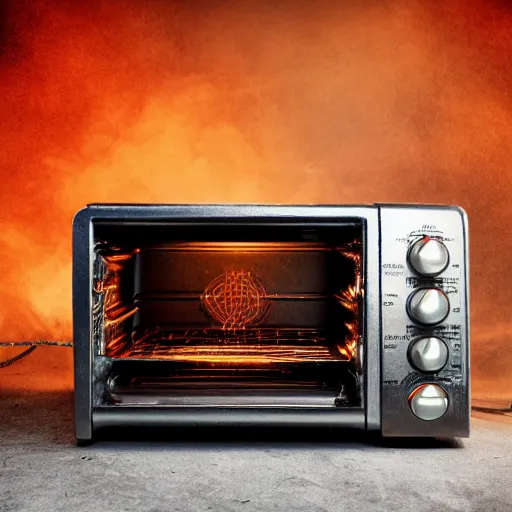 Image similar to toaster oven hanging by metallic cables, symmetry, dark messy smoke - filled cluttered workshop, dark, dramatic lighting, orange tint, sparks, cinematic, highly detailed, sci - fi, futuristic, movie still