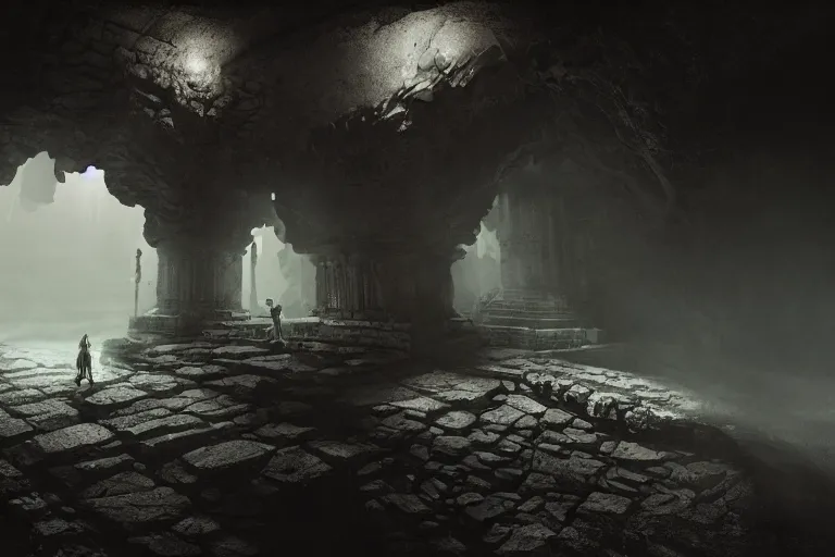 Prompt: when a shadow is forced into the light, ancient temple in underground cavern, dramatic, cinematic, high contrast, cgsociety, artstation, 4k