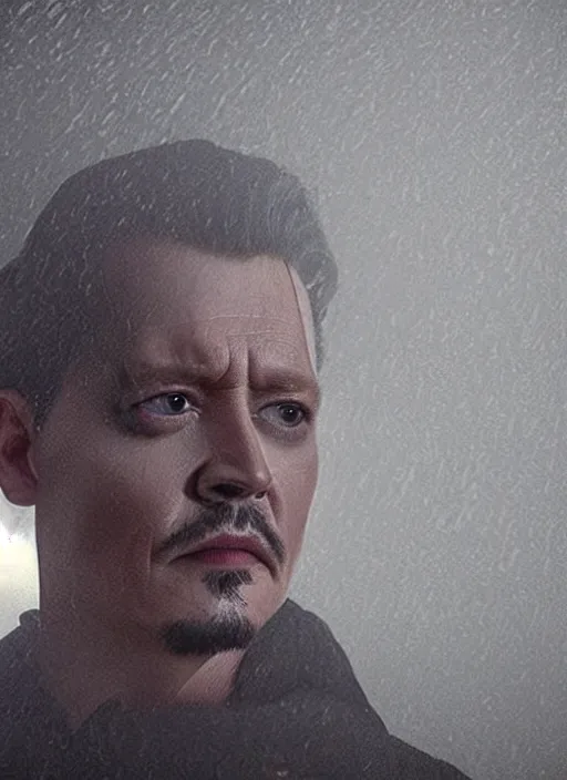 Image similar to screenshoot from david lynch weird movie, face centered portrait of johnny depp, confident, fog, rain, volumetric lighting, beautiful, golden hour, sharp focus, ultra detailed, cgsociety by leesha hannigan, ross tran, thierry doizon, kai carpenter, ignacio fernandez rios, noir photorealism, film