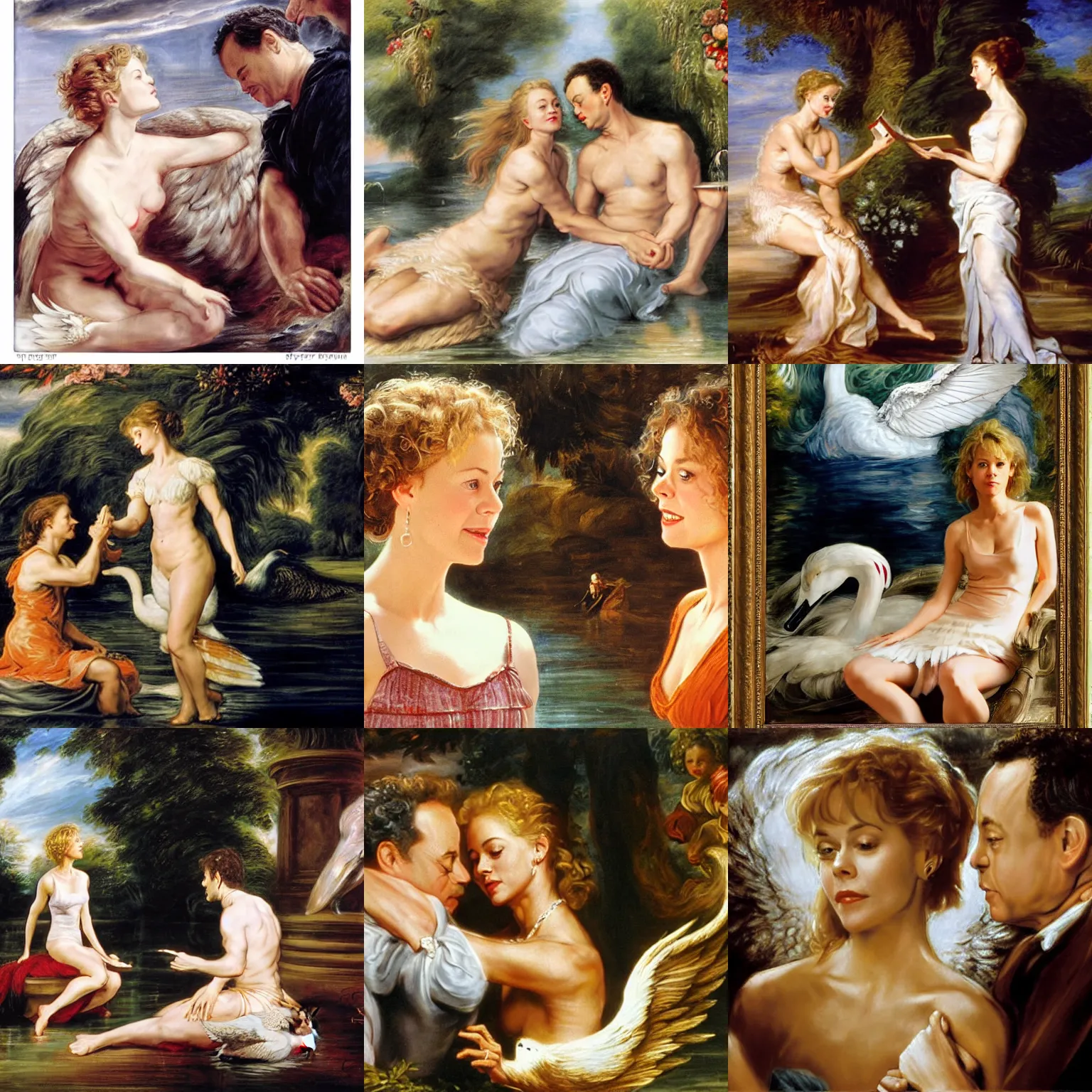 Prompt: Scene from You've got mail with Meg Ryan and Tom Hanks in the style of Leda and the Swan by Peter Paul Rubens