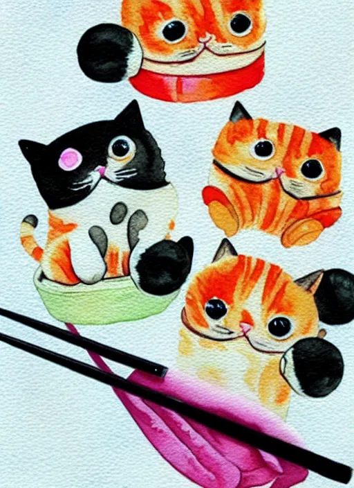 Image similar to cute cats and sushi watercolour