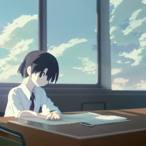 Image similar to A white bunny rabbit sitting at a desk, Makoto Shinkai