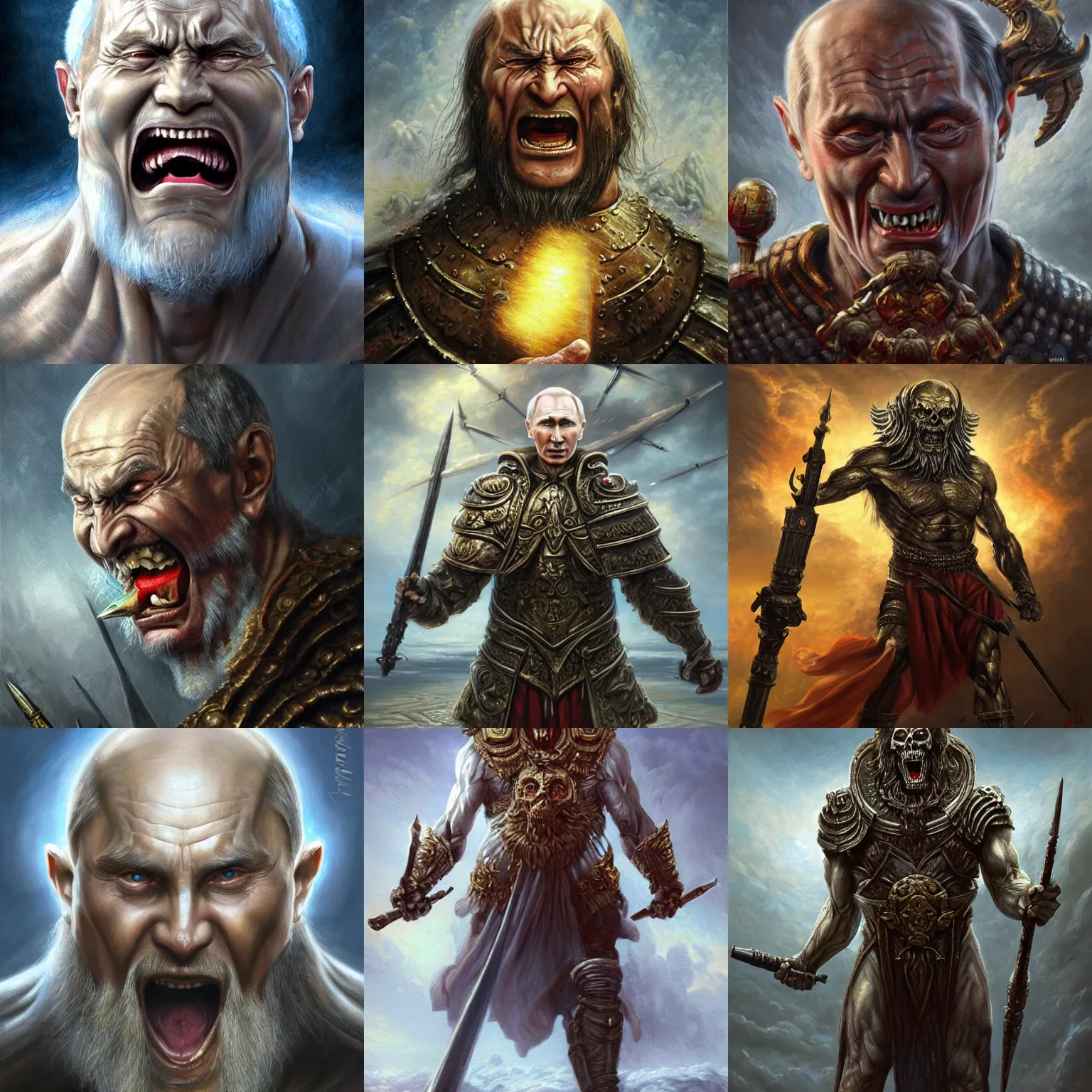 Prompt: old vladimir putin as a angry god of death and war, very detailed, screaming, very old, holding an cruise missile. artwork by artgerm, centered face shot, wide angle, fantasy, highly detailed, digital painting, artstation, smooth, sharp focus, art by thomas kinkade and h. r. giger and tyler edlin