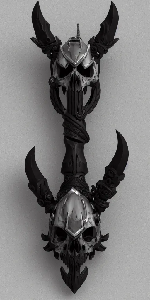 Image similar to a black and silver axe skull crest, ornament, dwarven weapon, by dom qwek, trending on artstation, hard surface modeling