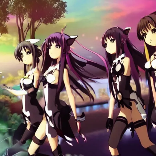 Image similar to “group of catgirls playing together, anime film still. Rise Of The Catgirls(2020)”