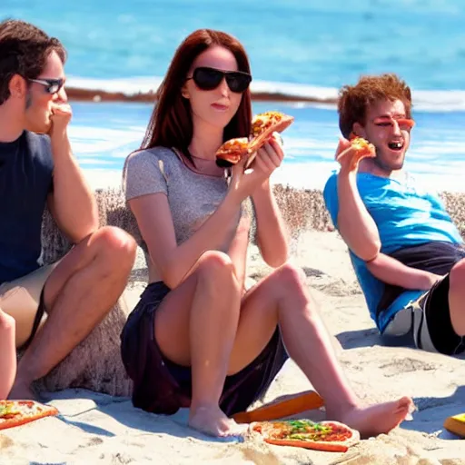 Prompt: Vampires enjoying a sunny day at the beach eating pizza