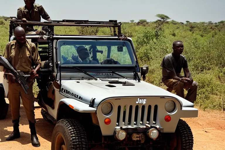 Image similar to cinematography police sitting on jeep in Africa by Emmanuel Lubezki