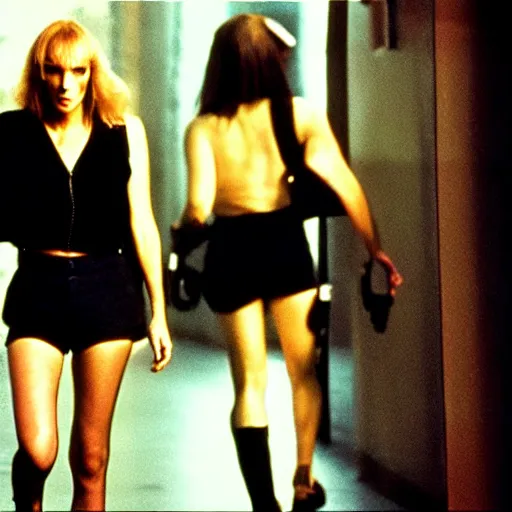 Prompt: uma thurman in bladerunnet by ridley scott, sexy black shorts, wearing black boots, wearing a sexy cropped top, 4 k quality, highly detailed, realistic, intense, cyberpunk