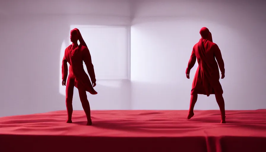 Image similar to a figure covered by red cloth is standing in a beautiful penthouse with atmospheric light, digital art, concept art, cloth simulation with houdini, smoke, octane, redshift, 8 k