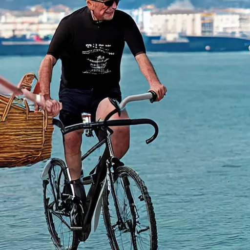 Prompt: don matteo riding a bike straight through the sea king monster