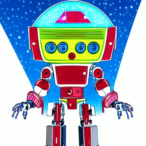 Image similar to the fullmetal neon friendly robot orion crosses the infinite boundary between reality and simulation, kawaii children illustration