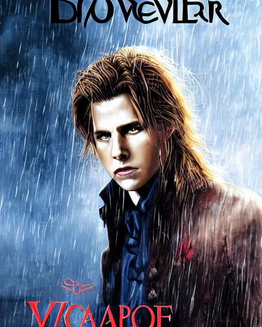 Prompt: alternate cover art for the movie interview with a vampire starring a long haired blonde tom cruise as lestat de lioncourt portrait, face centered portrait, confident, unused design, nightmare world, fog, rain, volumetric lighting, realistic illustration, perfectly shaded, soft painting, art by krenz cushart and wenjun lin