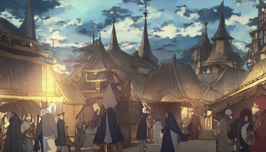 Image similar to “Ais-Wallenstein” at dawn in an medieval isekai market • cinematic anime screenshot by the Studio JC STAFF