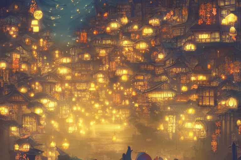 Prompt: fantasy art of a japan town at night, filled with glowing paper goldfish, by makoto shinkai, highly detailed digital art, trending on artstation