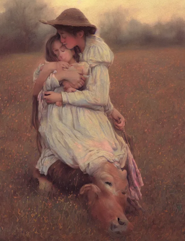 Image similar to portrait of peasant girl hugging a cow on a farm, cottage core, cinematic focus, polaroid photo bleached vintage pastel colors high - key lighting, soft lights, foggy, by steve hanks, by lisa yuskavage, by serov valentin, by tarkovsky, 8 k render, detailed, oil on canvas