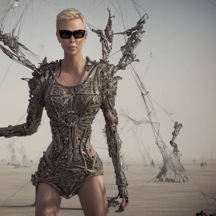 Prompt: Charlize Theron. intricate artwork. in black rock desert, at burning man. octane render, trending on artstation, very coherent symmetrical artwork. cinematic, hyper realism, high detail, octane render, 8k, iridescent accents