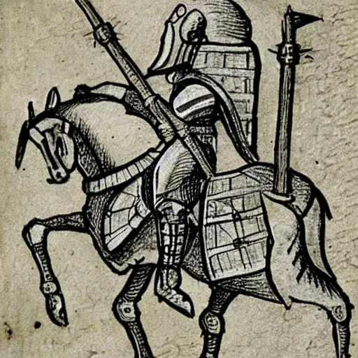 Prompt: medieval drawing of a Knight riding a snail