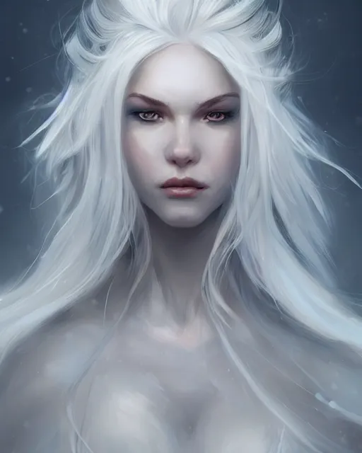 Image similar to portrait of a beautiful fierce snow and storm goddess, flowy white grey hair, grey eyes, cinematic lighting, highly detailed, digital painting, trending on artstation, pixiv, concept art, sharp focus, illustration, art by ross tran and wlop