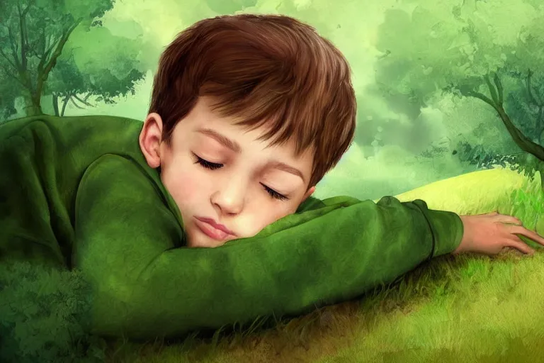 Image similar to a beautiful illustration of a little cute boy on his bed dreaming about a beautiful green forest, detailed face, beautiful colors, digital art