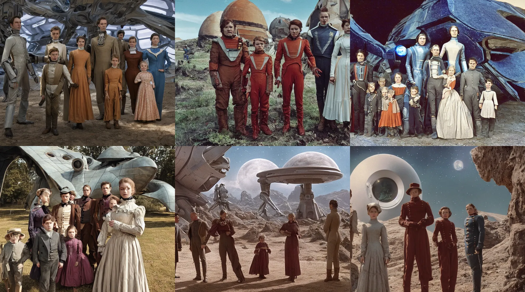 Prompt: sharp, detailed, 256k film still from a sci fi blockbuster color movie made in 2022, set in 1860, of a family standing in front of a spaceship that has just landed on an alien planet, a humanoid alien creature stands nearby, the family are all wearing 1850s era clothes, cinematic lighting, sharp focus, extremely good lighting, winner of seven oscars