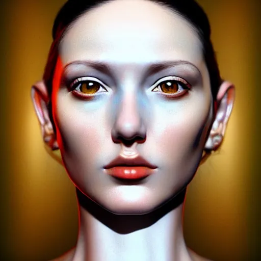 Image similar to hyperrealism aesthetic photography in caravaggio style quntum computer simulation visualisation of parallel universe cyberpunk scene with beautiful detailed ukrainian woman with detailed face and perfect eyes wearing ukrainian traditional shirt and wearing retrofuturistic sci - fi neural interface designed by josan gonzalez. hyperrealism photo on pentax 6 7, by giorgio de chirico volumetric natural light rendered in blender