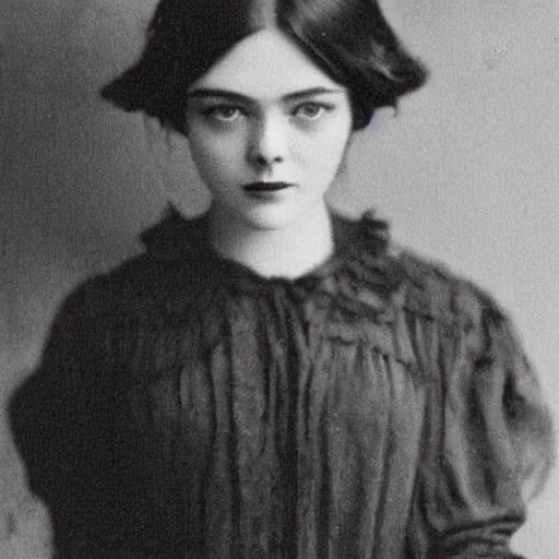 Prompt: headshot edwardian photograph of elle fanning, 1 9 1 0 s, 1 9 0 0 s, 1 9 2 0 s, grainy, victorian, detailed, slightly blurry