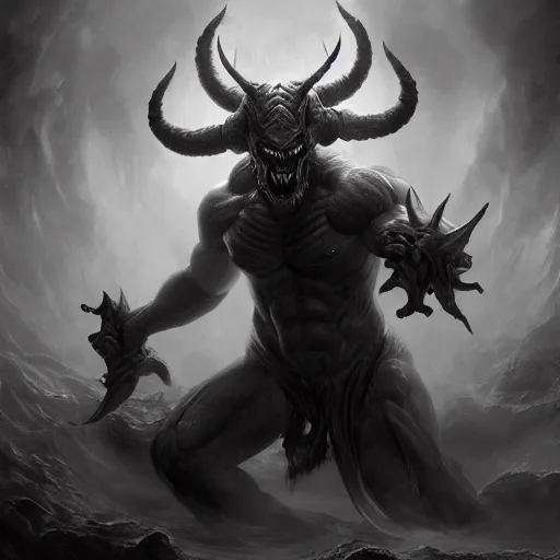 Image similar to full body, grayscale, muscled humanoid balrog demon, horns, claws, large horned tail, heroic pose, swirling flames, Sorie Kim, Gustave Dore, Greg Rutkowski,