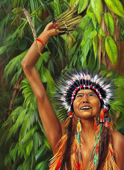 Prompt: a beautiful painting of an indigenous woman celebrating in the jungle, digital painting, highly detailed