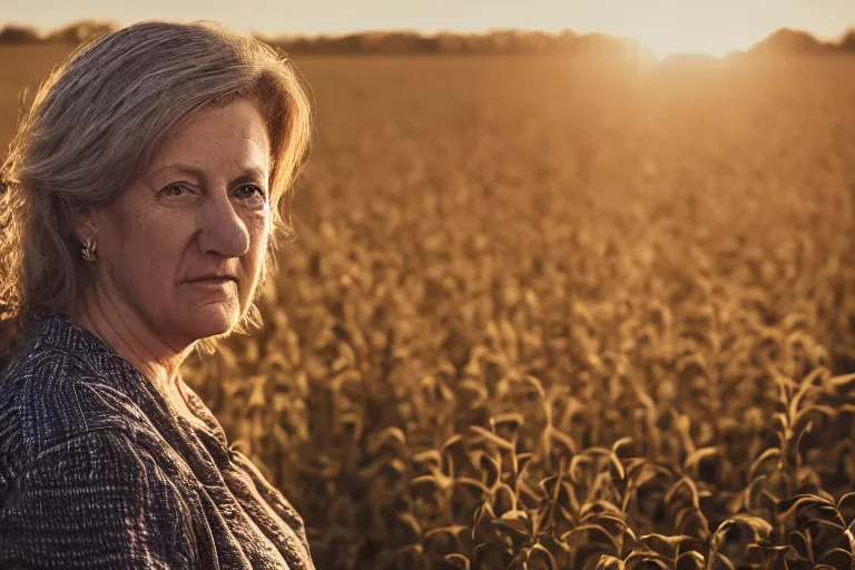 Prompt: a highly detailed cinematic headshot portrait photograph of a middle aged woman standing in a farm field, golden hour, ultra realistic, depth, beautiful lighting, by annie leibovitz, photorealistic, hyperrealistic, octane, epic composition, hasselblad camera, 5 0 mm, sharp focus, masterpiece