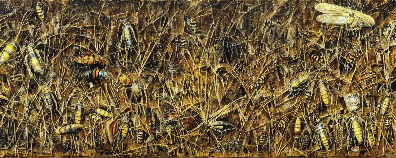 Prompt: strange giant insects, beetles, spiders, wasps, bees, maggots, locusts and flies, swarming in a cornfield, oil painting by max ernst and anselm kiefer, decay, mixed media, textured, sharp focus, highly detailed, photographic emulsion cracked and peeling, rust, cinematic lighting, 8 k, hd