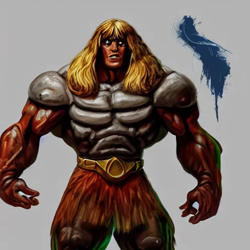 Image similar to He-man Gorpo, styleframe, concept art, artstation, brush texture, painted with oil