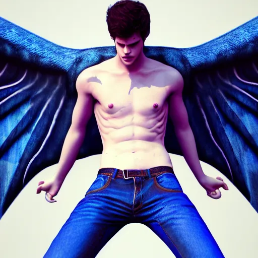 Prompt: Daniel Sharman with blue Devil wings, shirtless, jeans, hyperdetailed, artstation, cgsociety, 8k