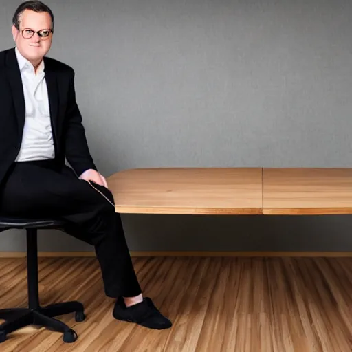 Prompt: Chubby clean-shaven white businessman sitting at a wooden conference table with a black shoe laying on table