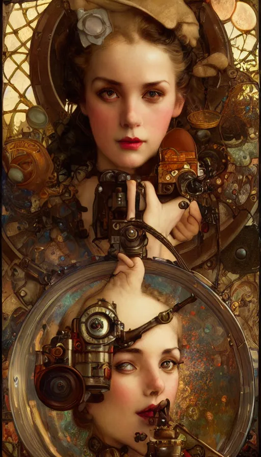 Image similar to hyper realistic photographer looking through camera, magical, steampunk, painted by norman rockwell, tom bagshaw, mucha, gaston bussiere, craig mullins, j. c. leyendecker 8 k