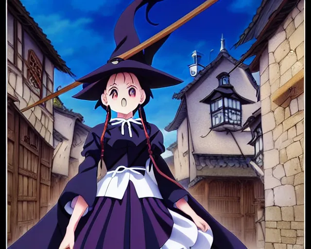 Prompt: ( ( majo no tabitabi ) ), kyoani key anime visual portrait of a young female witch walking through a busy medieval village, dynamic pose, dynamic perspective, cinematic, dramatic lighting, detailed silhouette, anime proportions, perfect anime face ( murata range )