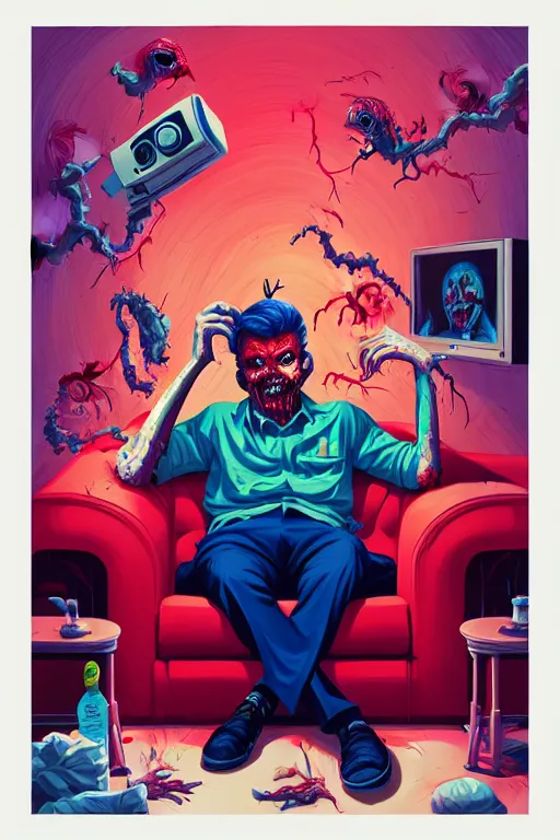 Image similar to a zombie dad sitting on the couch and watching tv, tristan eaton, victo ngai, artgerm, rhads, ross draws